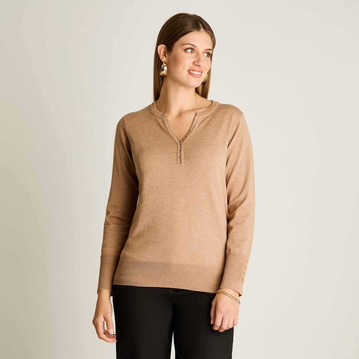 Sweater Camel Manga Larga Elasticidad Media Sin Forro Calce Normal Tela Tejido